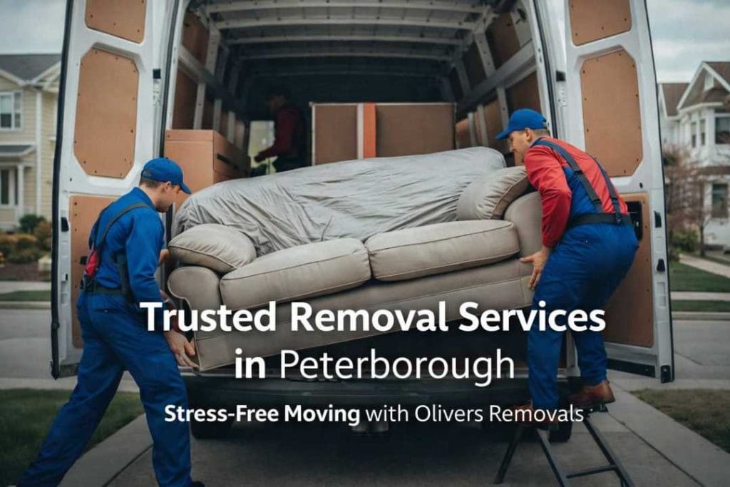 Two professional movers carefully loading a beige sofa into a van, providing expert removal services in Peterborough, ensuring a stress-free move.