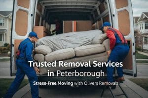 Two professional movers carefully loading a beige sofa into a van, providing expert removal services in Peterborough, ensuring a stress-free move.